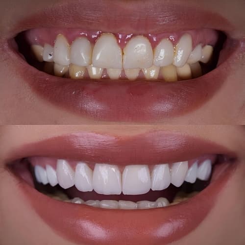 Before-and-after comparison of a veneer treatment showing dramatic improvement from yellowed, uneven teeth to a bright, aligned smile.