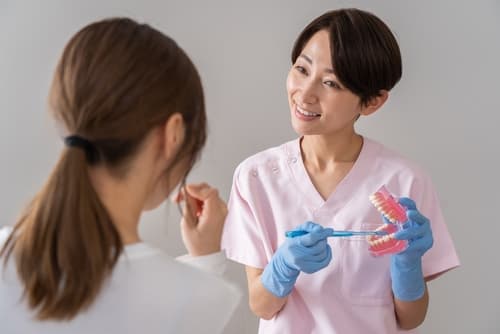 Dental hygienist using a dental model to teach a female patient proper brushing techniques, highlighting periodontal prevention.